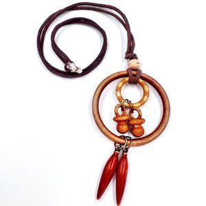 Faux Wood Dangle Brown Cord Over-the-Head 28” Necklace